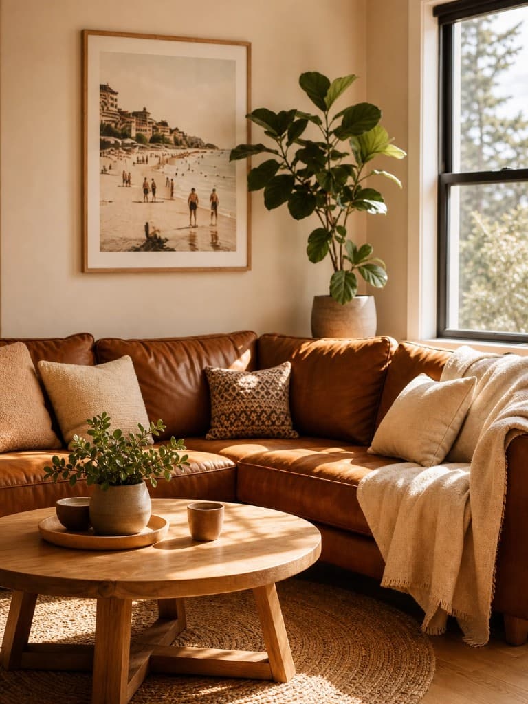 Sunlit living room with brown leather sofa, fiddle leaf fig, and warm natural light